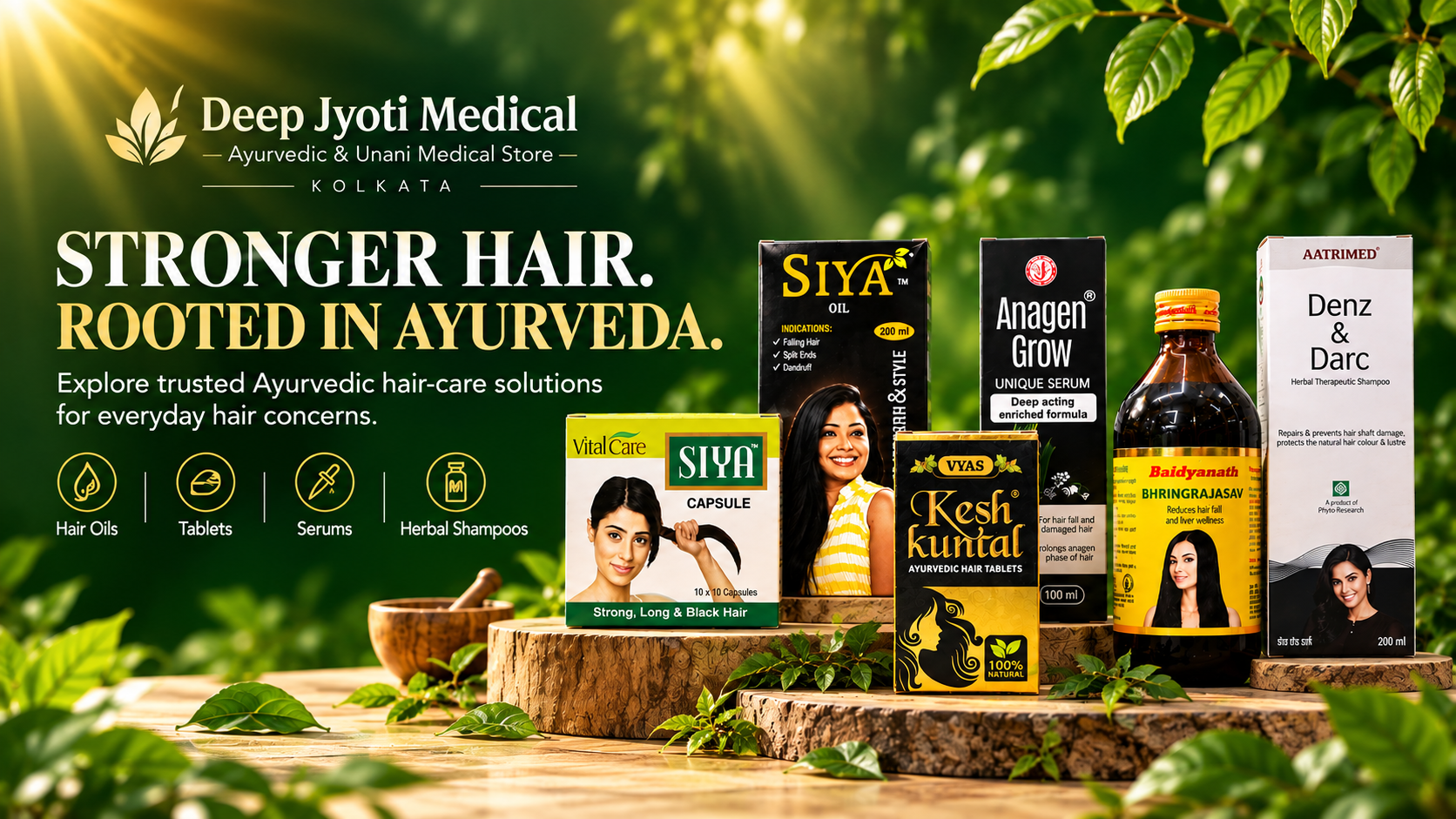Deep Jyoti Medical Ayurvedic hair care collection featuring trusted hair oils, tablets, serums and herbal shampoos.