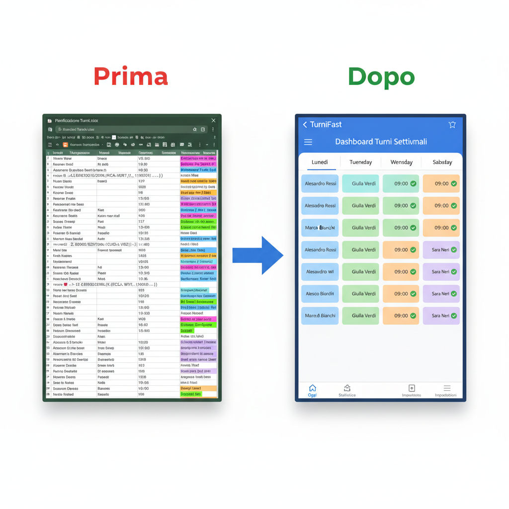 Confronto Excel vs TurniFast - prima e dopo