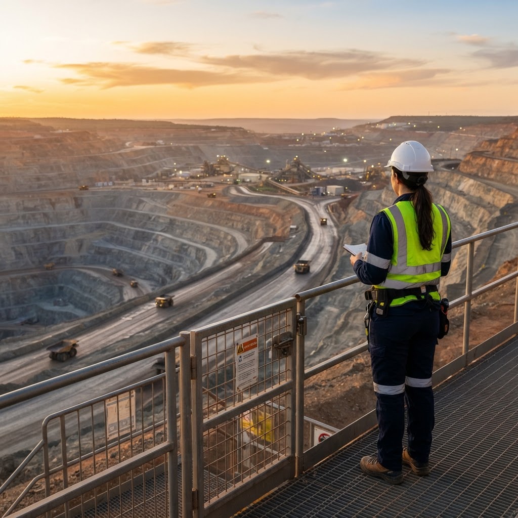 Mining engineer viewing an open-pit mine at sunrise