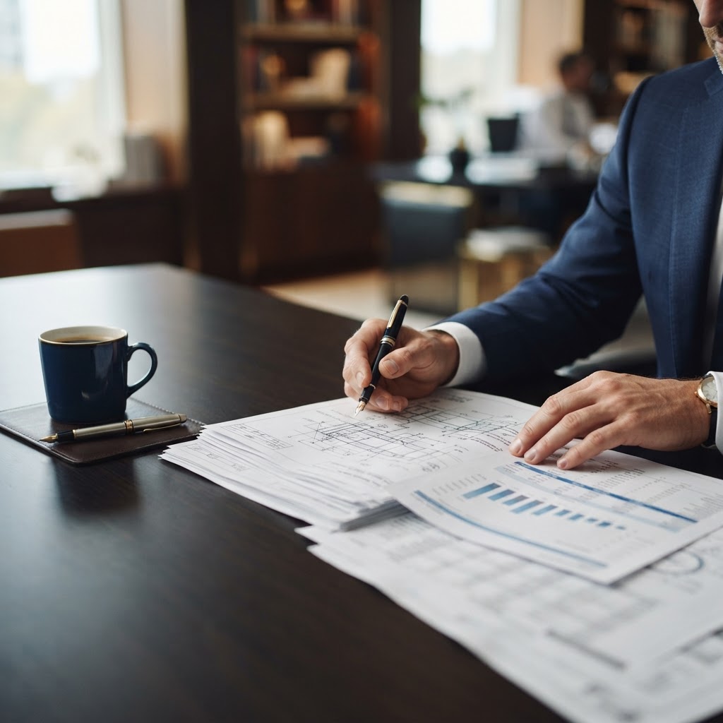 Professional reviewing technical reports and engineering drawings