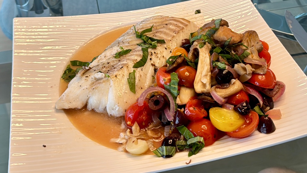 One Pan Oven-Baked Cod and Mediterranean Vegetables
