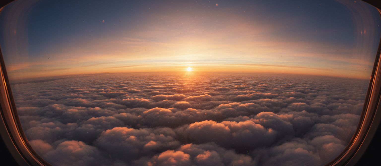 View from airplane cockpit over clouds at sunset