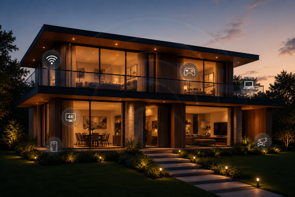 Modern smart home at dusk
