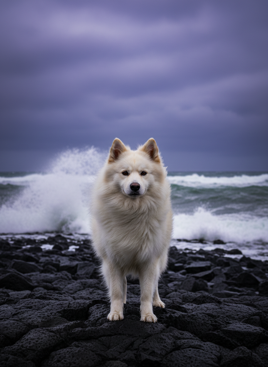Spitz on basalt beach