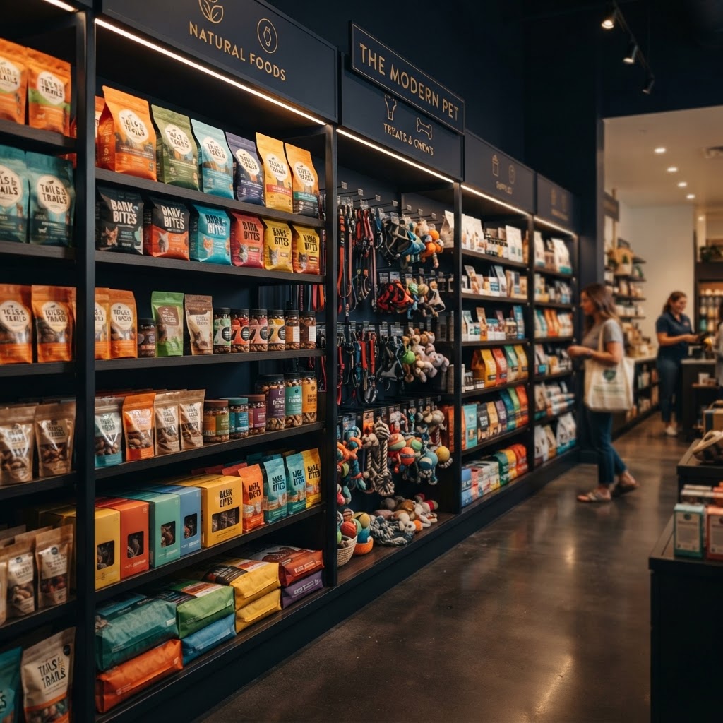 Pet store shelves with organized inventory