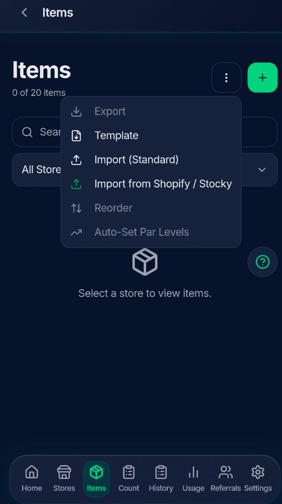 Items menu with import and export options