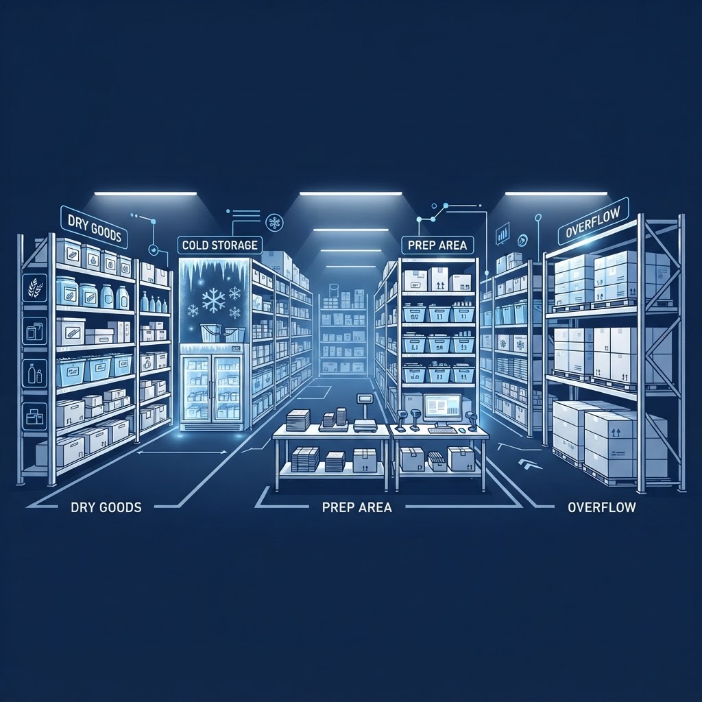Organized stock room with labeled shelves and zones
