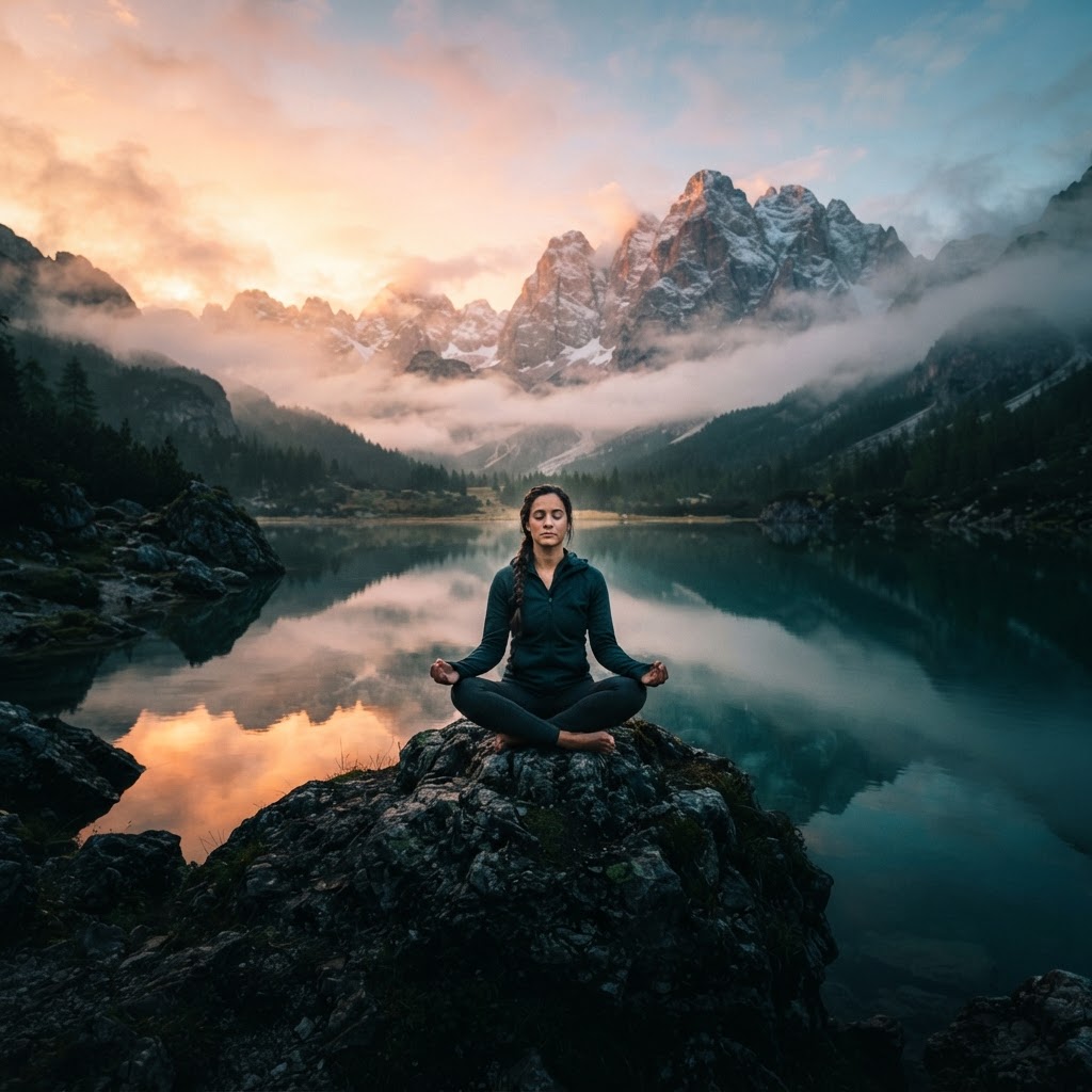 A calm person seated in meditation beside a mountain lake at sunrise