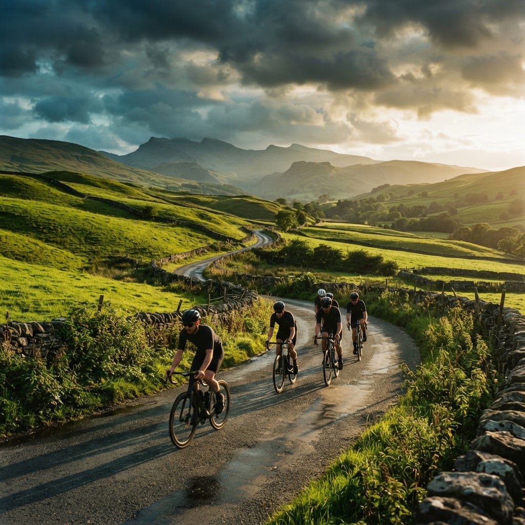 Cyclists on a winding British hill road at golden hour