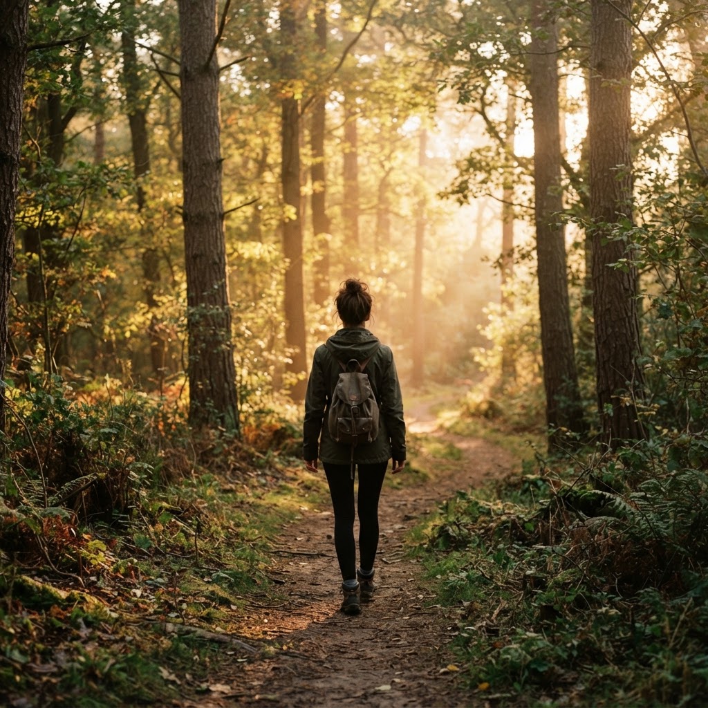 A person walking on a forest path at golden hour