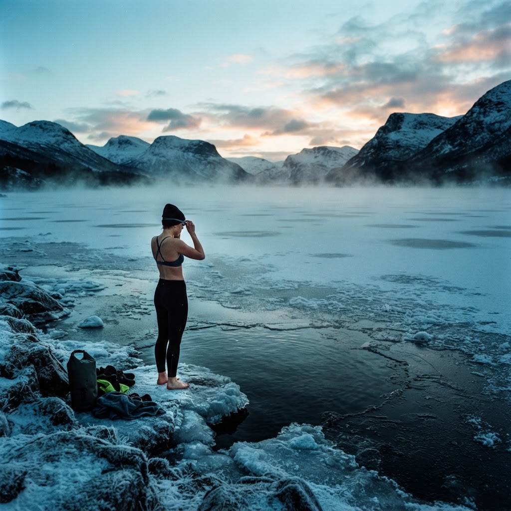 Frozen cold lake with ice and snow at dawn
