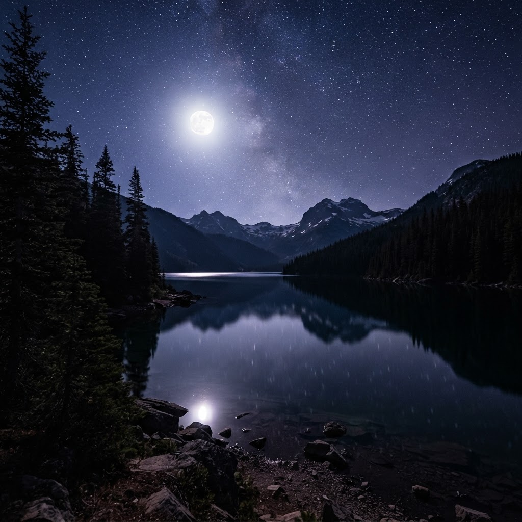 Still lake under a full moon and stars