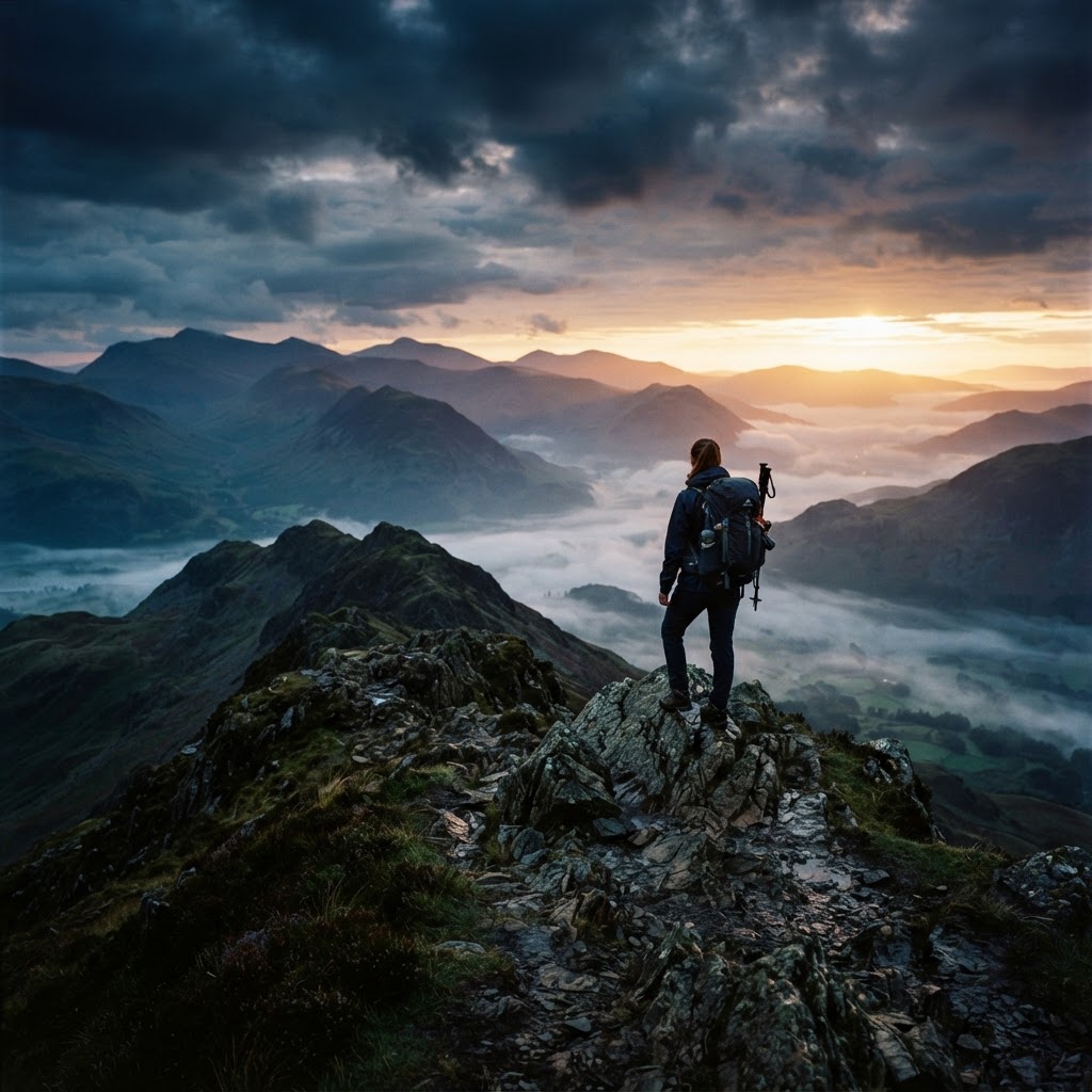A hiker on a UK mountain ridge at sunrise