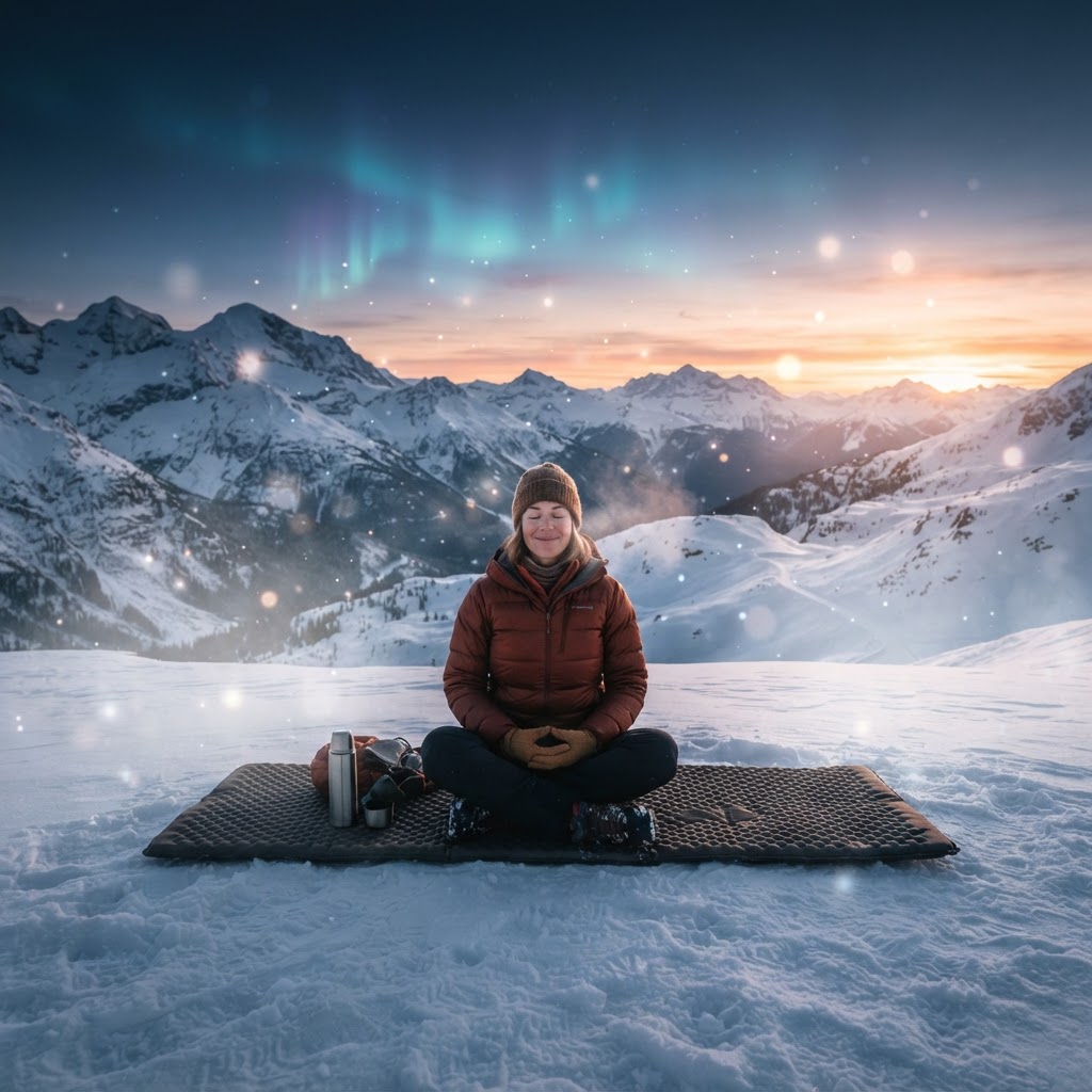 A person sitting peacefully on a mat in a snowy landscape at sunrise with soft aurora light
