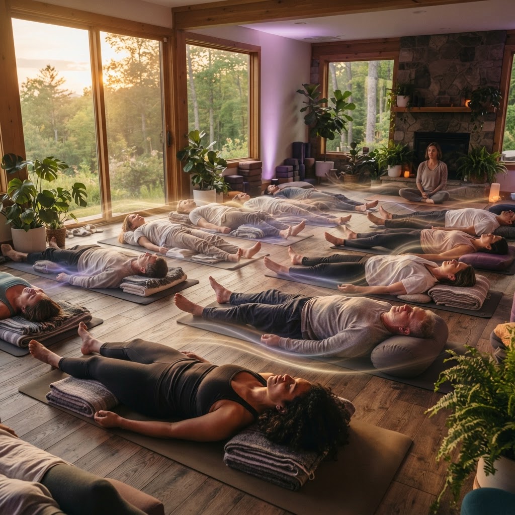 Professionally supervised, gentle breathwork session in a calm studio