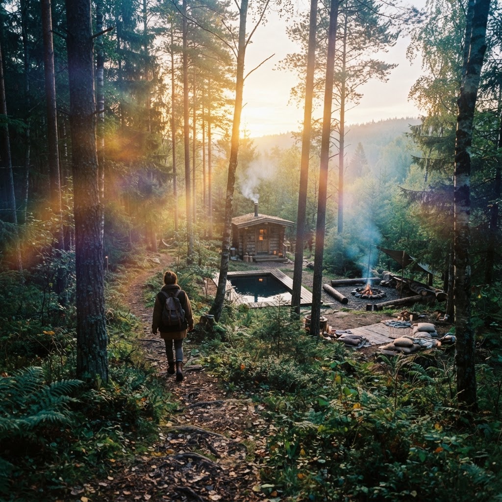 A peaceful woodland retreat at sunrise