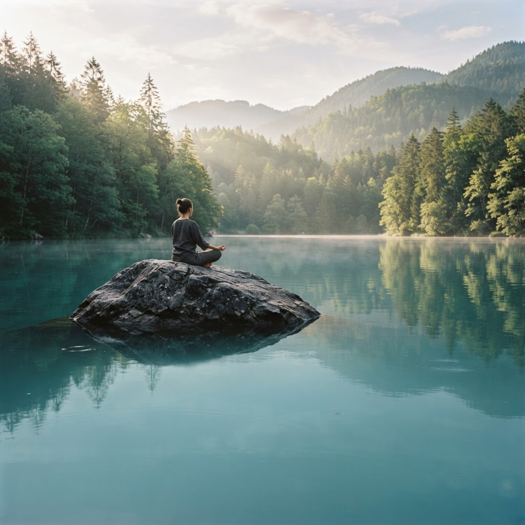 Stillness — meditating on a rock over a calm lake