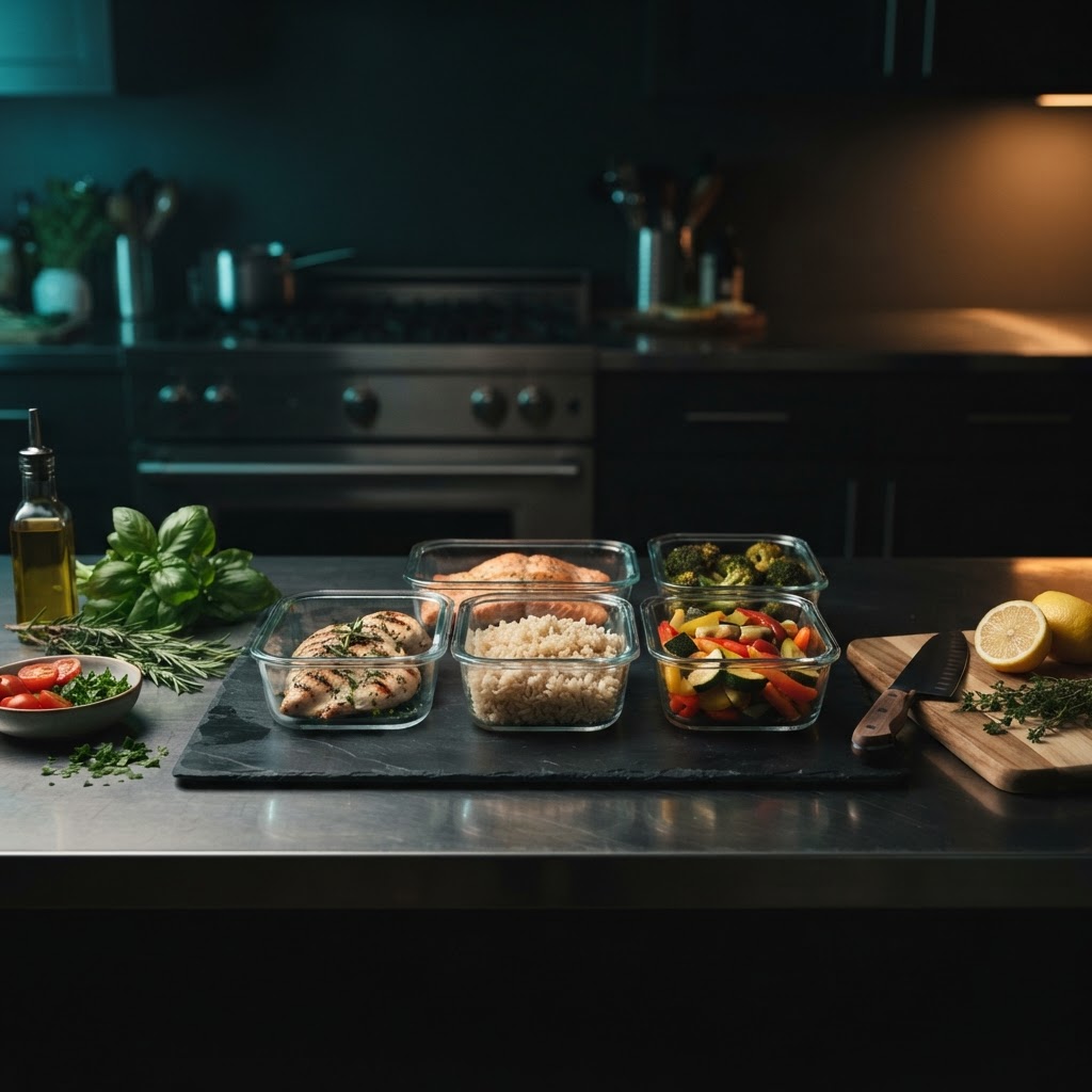 Meal prep counter with fresh ingredients