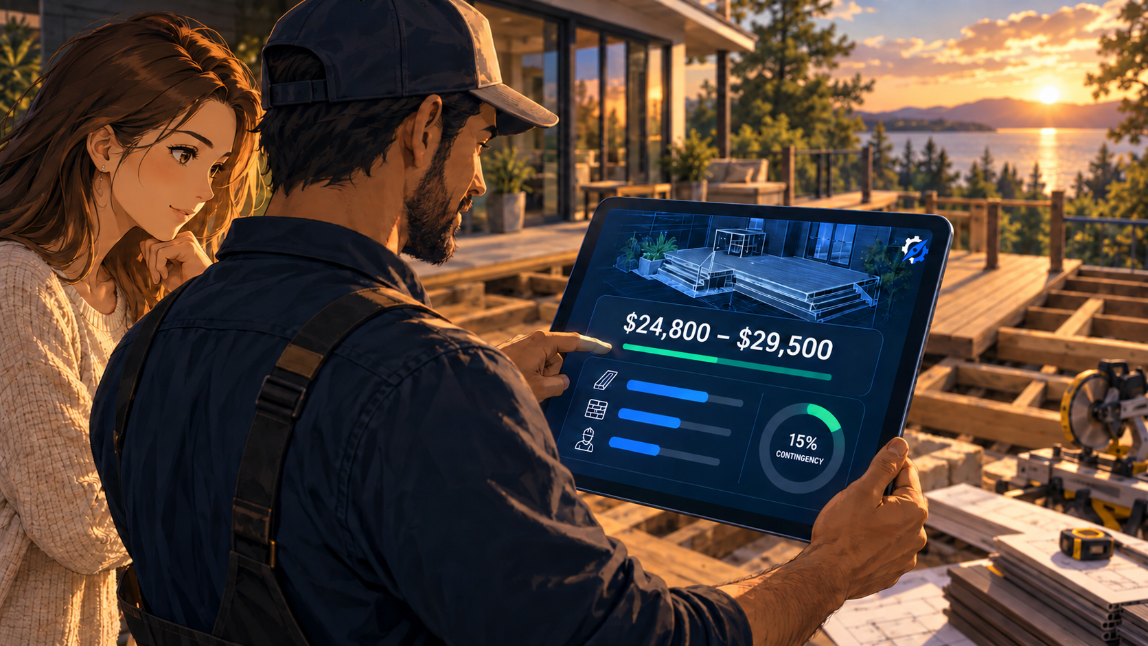 Contractor and homeowner reviewing an AI-generated patio project cost estimate on a tablet.