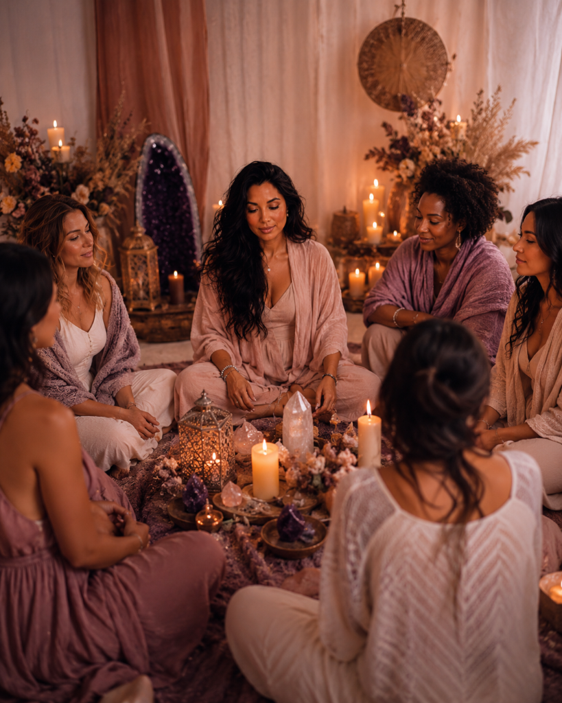 Women's circle with crystals and candlelit ceremony