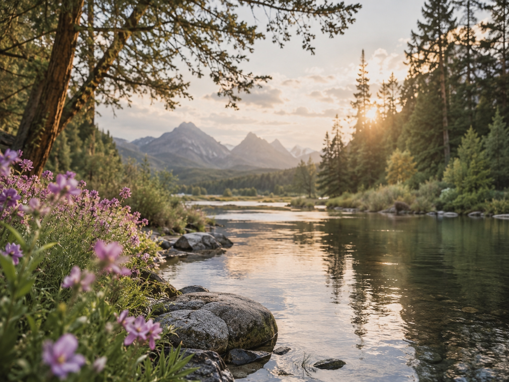 Mountain river at golden sunset — sound healing journey
