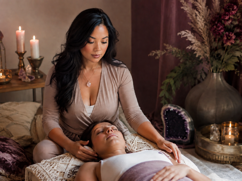 Healing space with crystals and candles