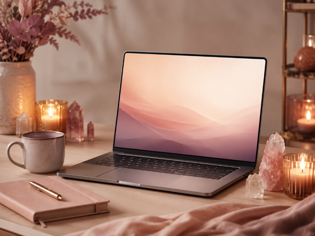 Virtual intuitive guidance and mentorship session — laptop with crystals and candles