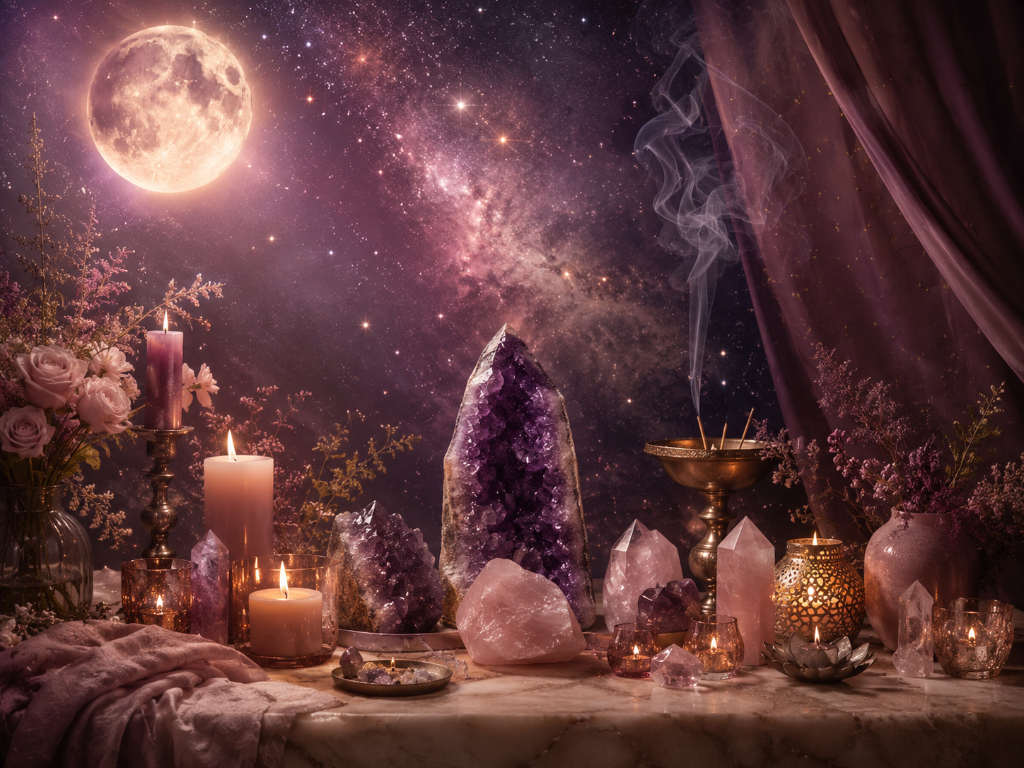 Crystal altar under full moon with amethyst and candles — sound and vibrational healing