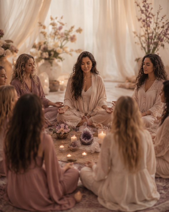Women's circle gathering in sacred healing space