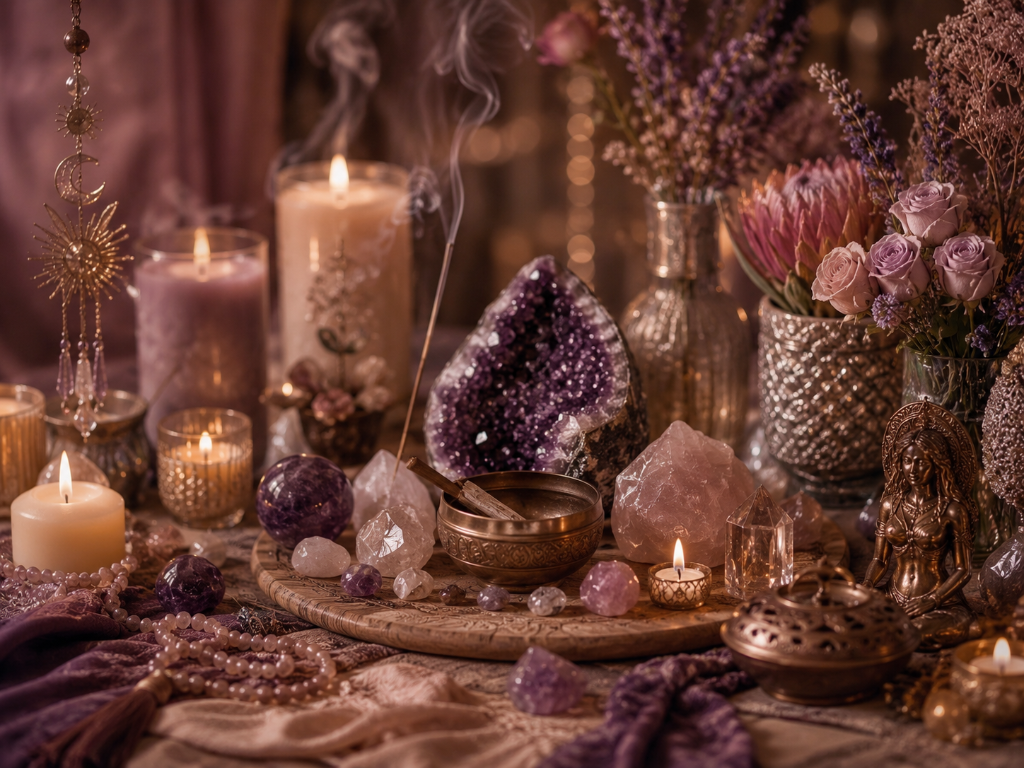 Sacred crystal altar with amethyst, candles, and incense for ceremony and journeying