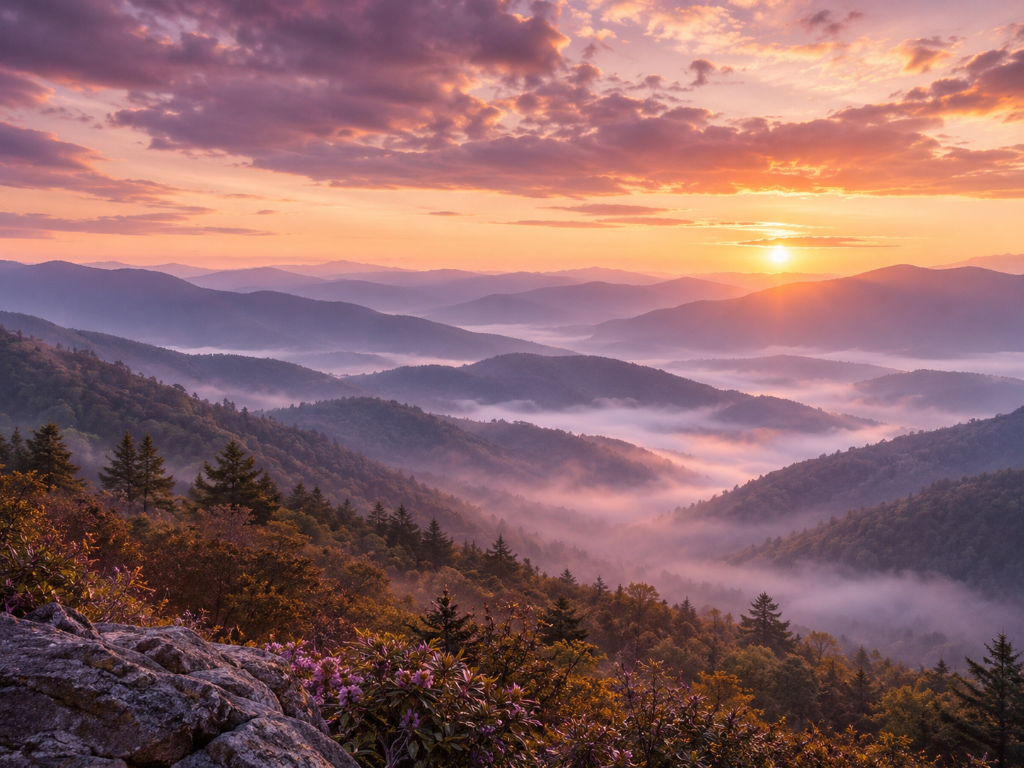 Blue Ridge Mountains misty sunrise — group breathwork in Southwest Virginia