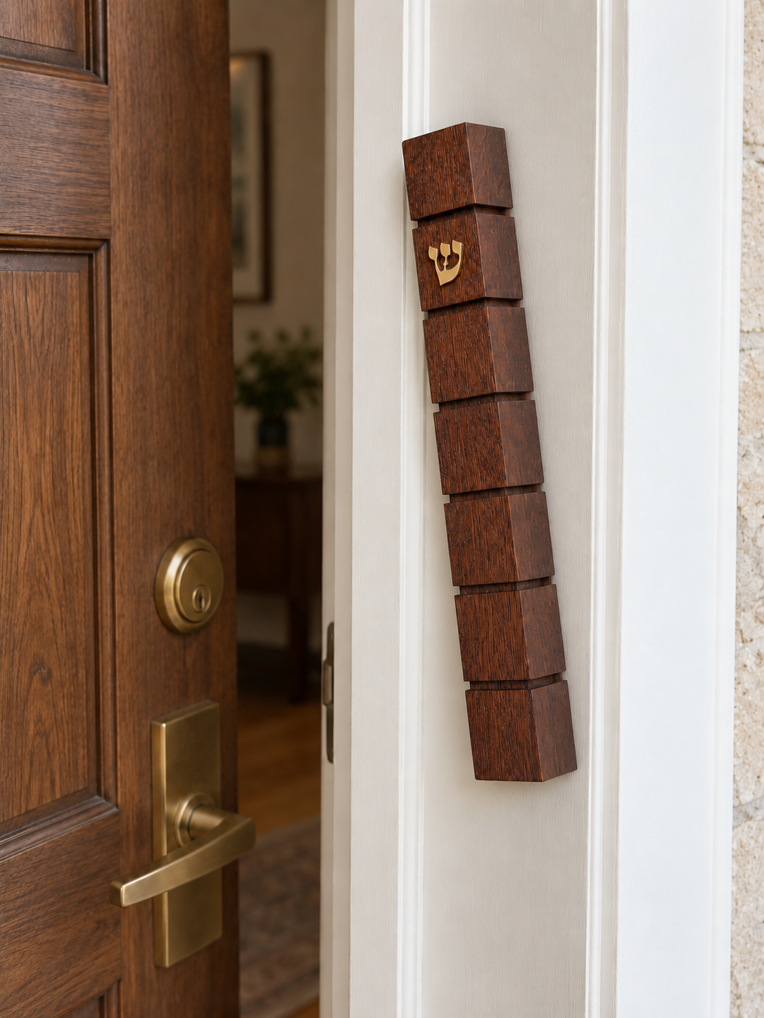Segmented dark brown wooden mezuzah with a gold-toned Shin on a white doorpost beside a wooden door and textured stucco.