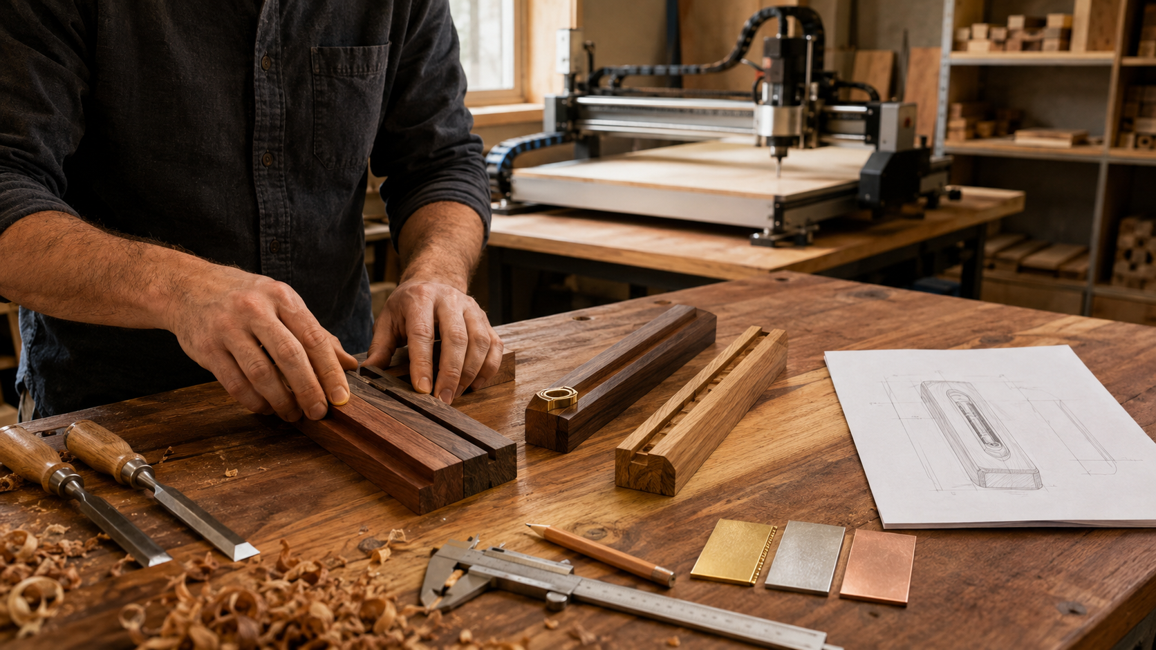 Craftsperson selecting wood and metal samples for a custom mezuzah inside the Signature Mezuzah workshop.