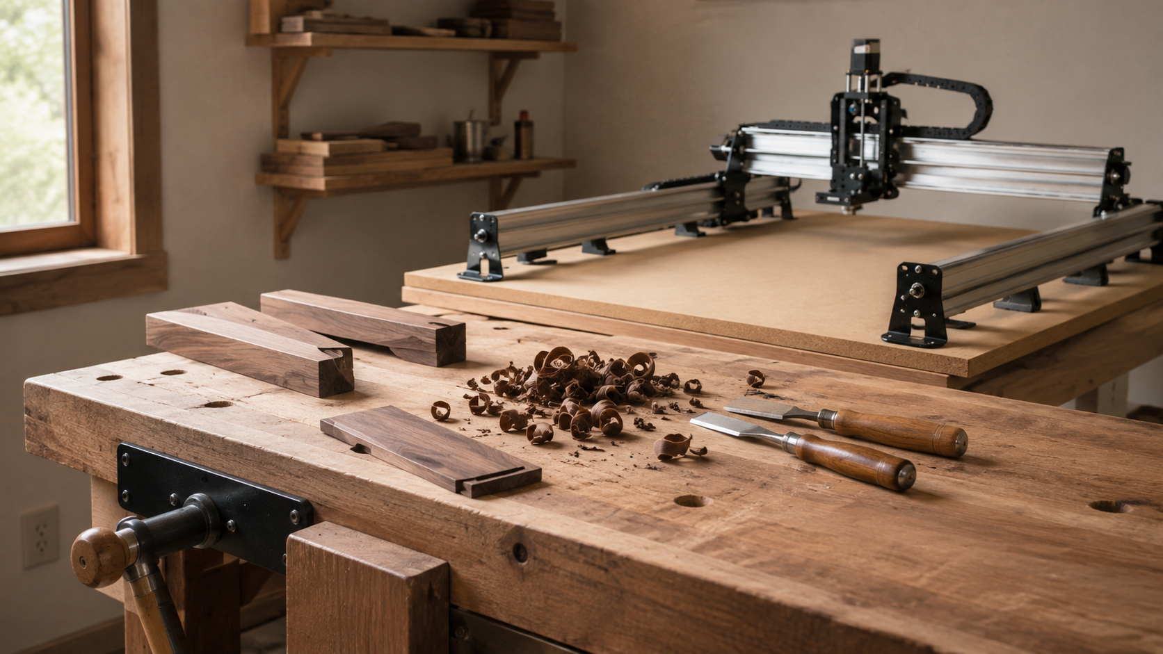 Walnut boards, wood shavings, and chisels on a workbench beside professional woodworking machinery in the Signature Mezuzah workshop.