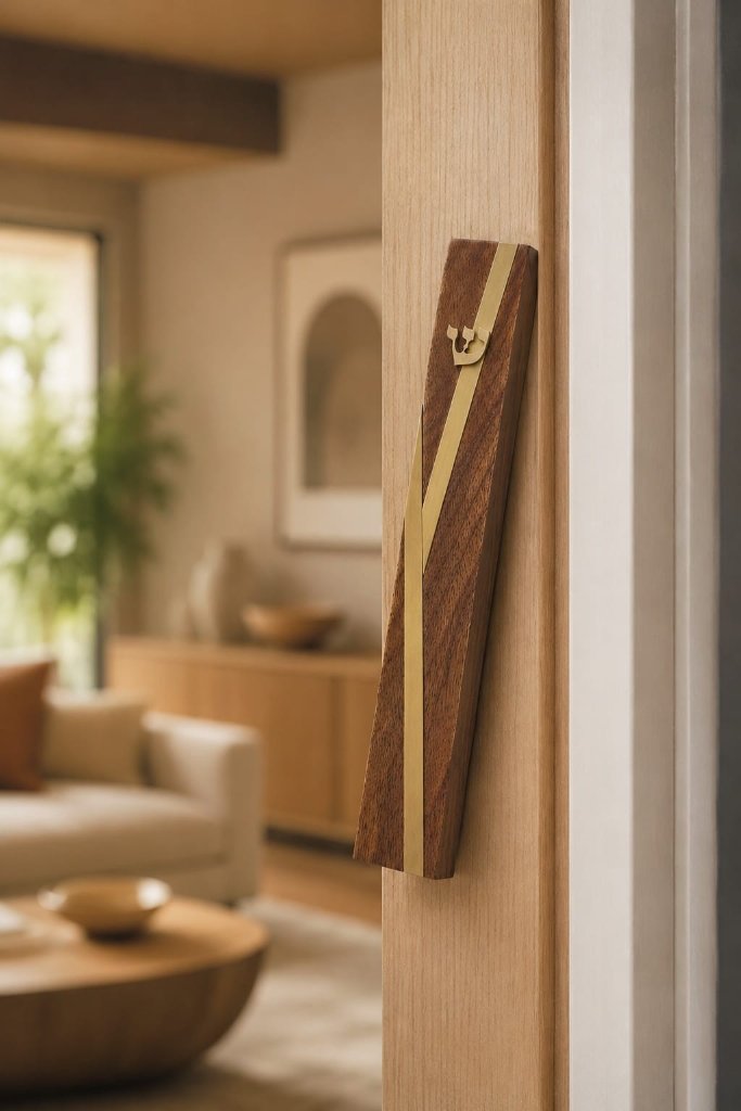Custom walnut and brass mezuzah installed on a home doorway