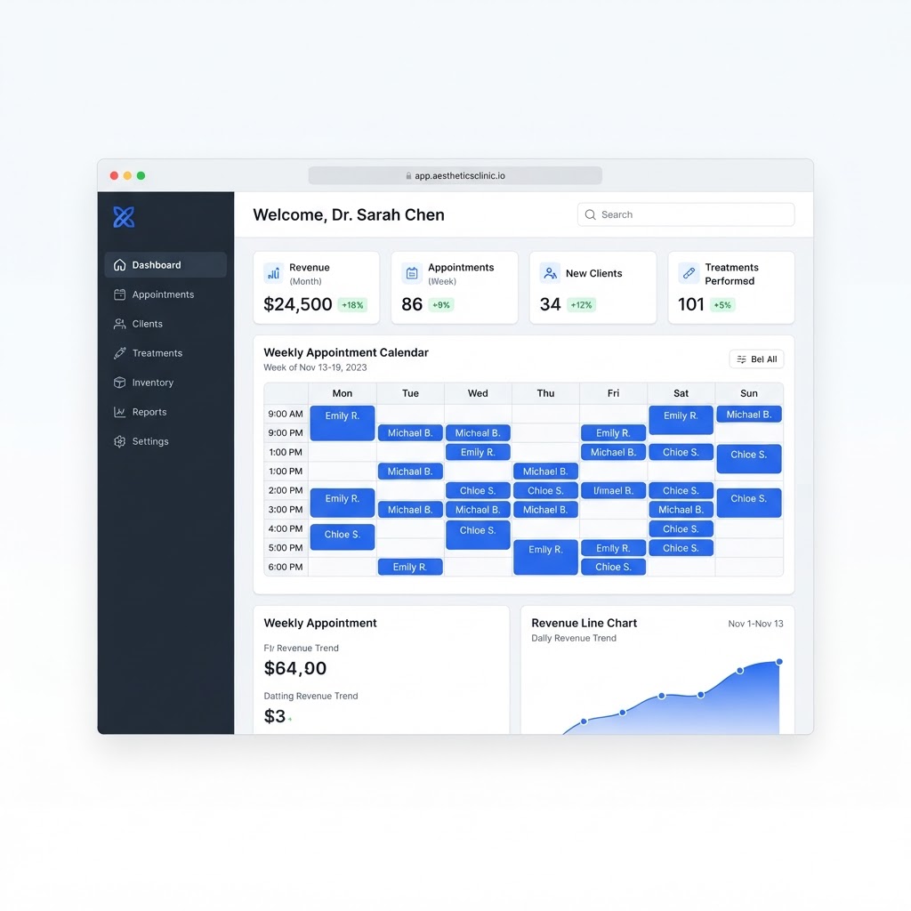 ClinicBooking CRM dashboard with calendar, revenue stats and bookings