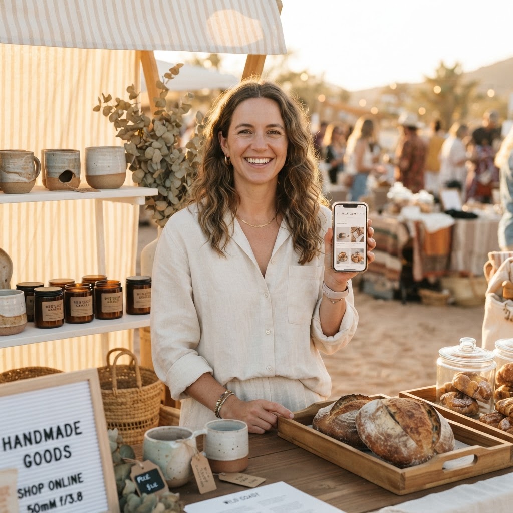 Market vendor using a phone to run an online shop
