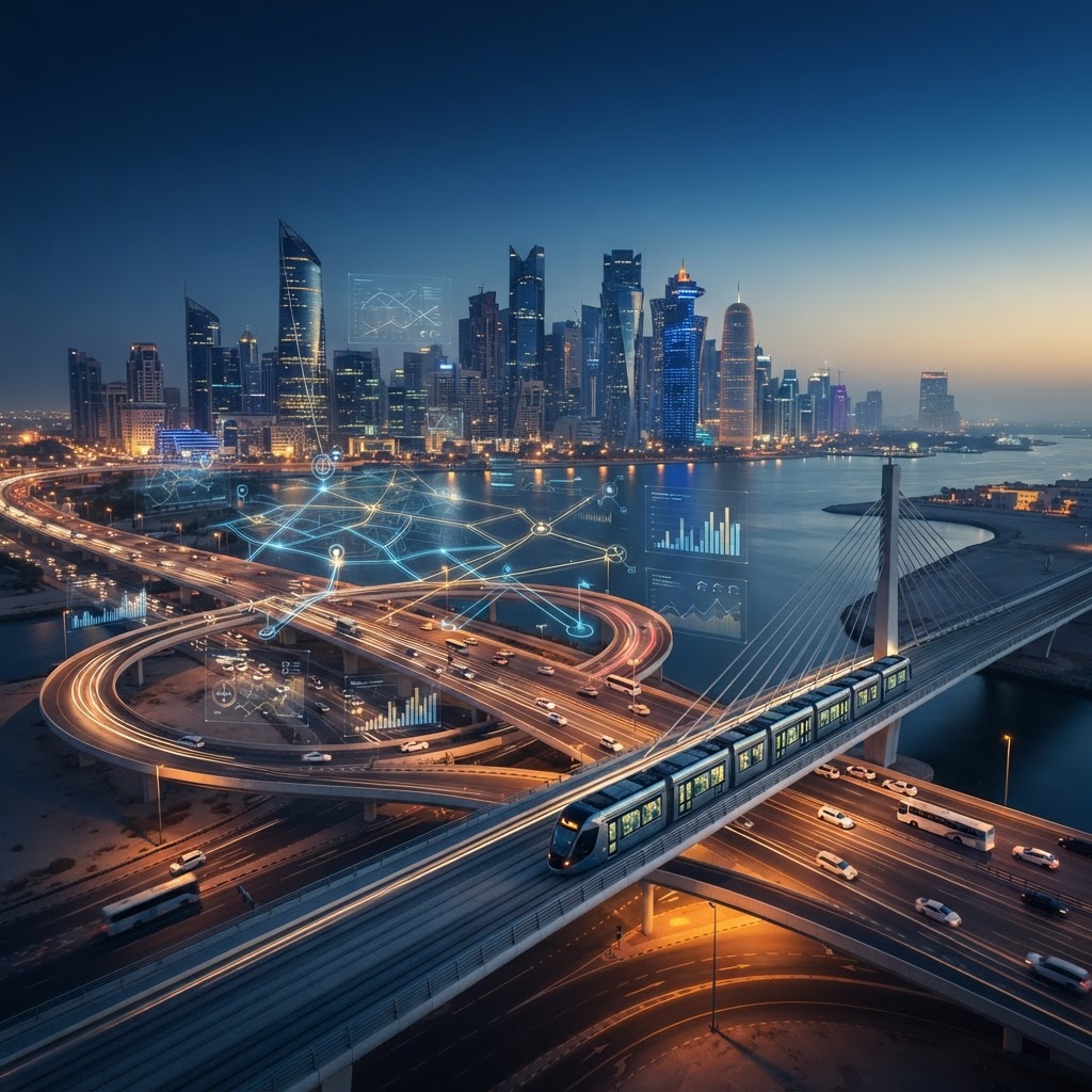 A modern Gulf city skyline at dusk with an elevated highway interchange and light rail transit system, overlaid with intelligent mobility data visualisation.
