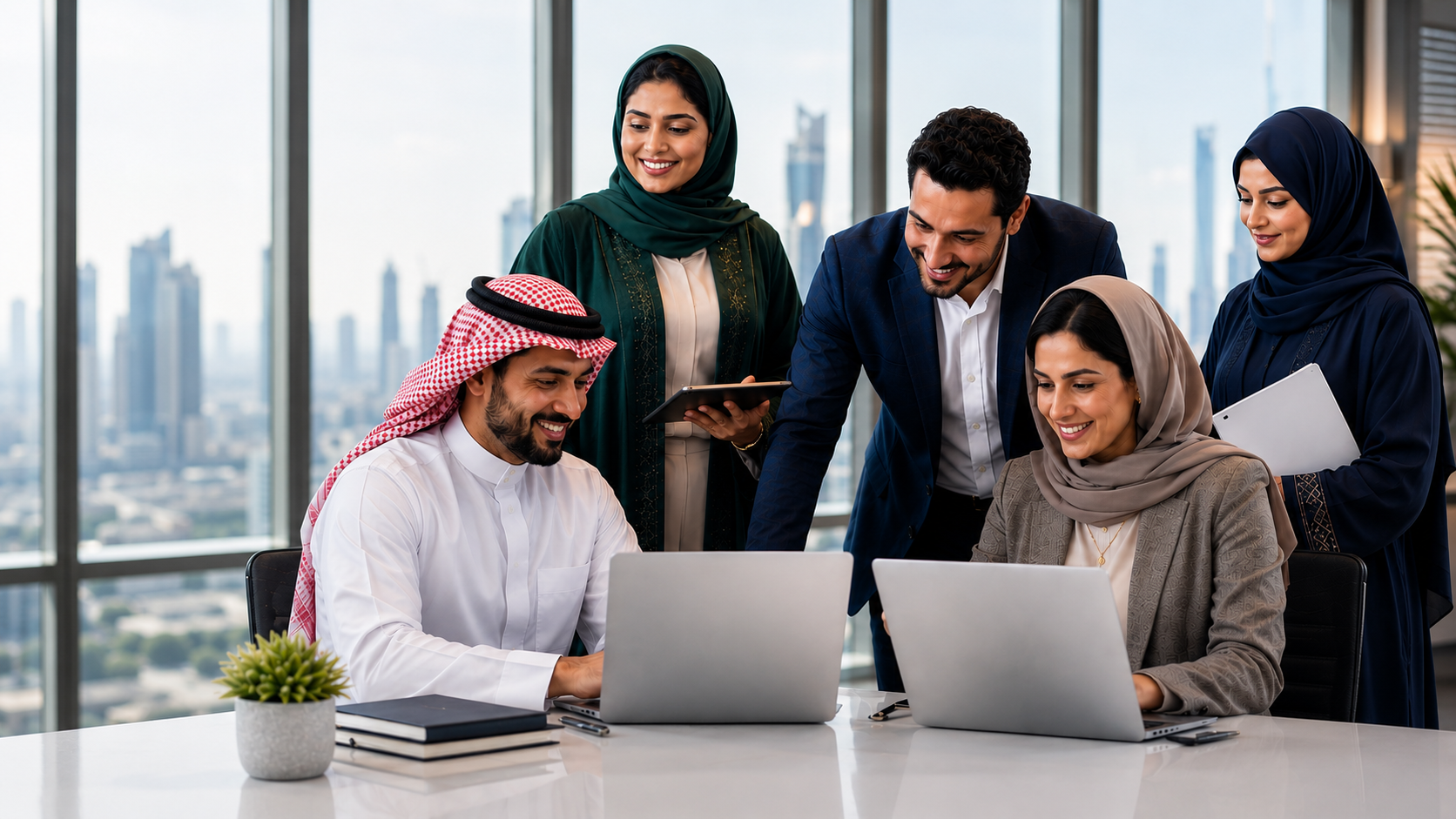 Bureau360 consultants collaborating in a modern GCC office — leaders working together on organizational transformation