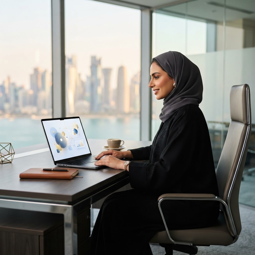 A GCC businesswoman working on a laptop showing a neutral generative-AI themed interface in a modern Gulf corporate office.