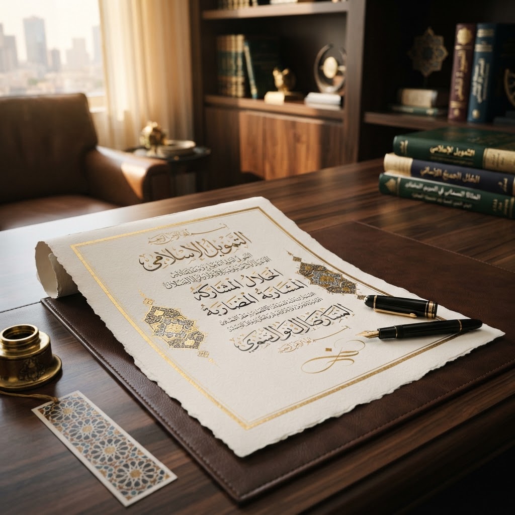 Islamic finance concept with Arabic calligraphy document and fountain pen