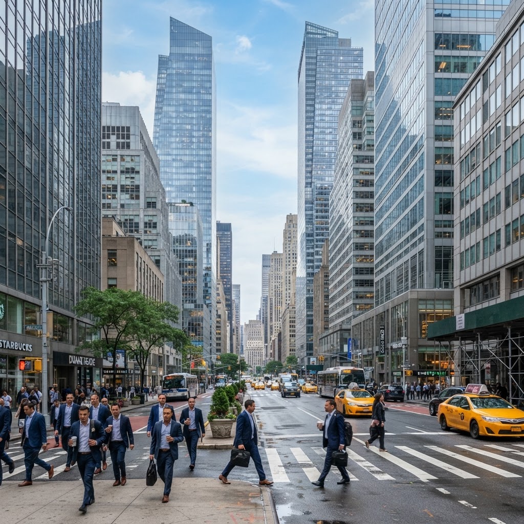 New York commercial office district with modern glass towers