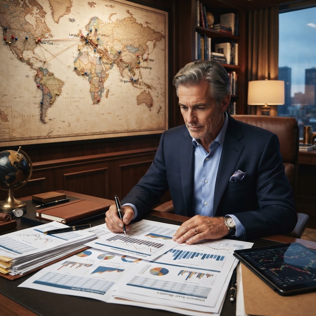 Sophisticated investor reviewing a global investment portfolio with a world map
