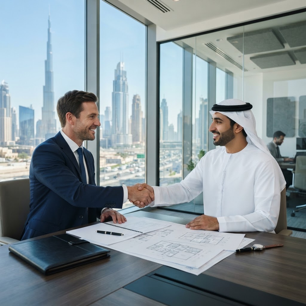 Professional business handshake over property documents in a Dubai office