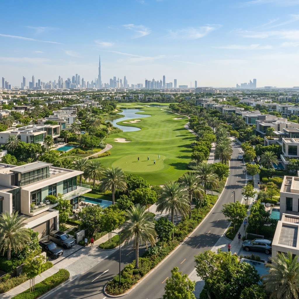 Dubai Hills Estate green community with modern villas and a golf course