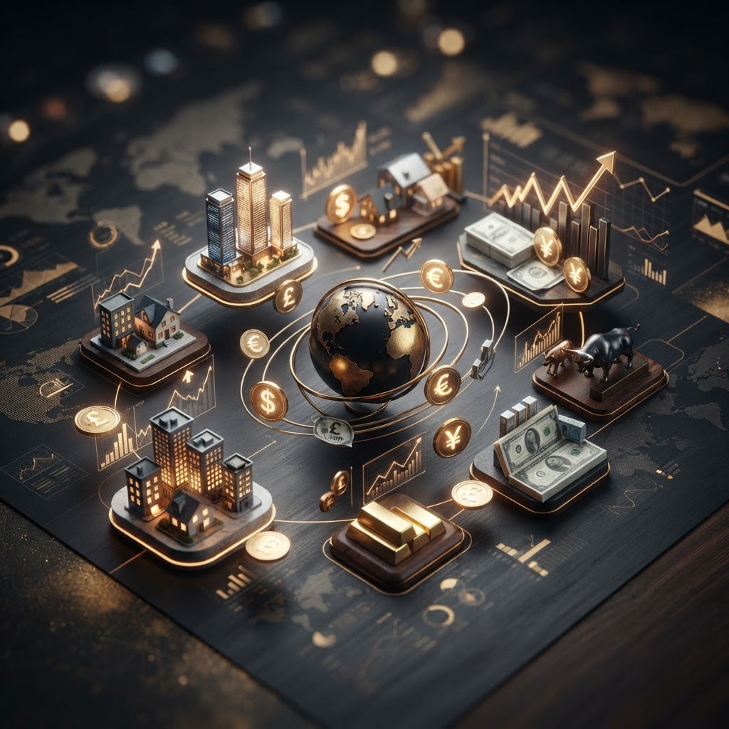 Diversified global investment portfolio concept with real estate and market symbols