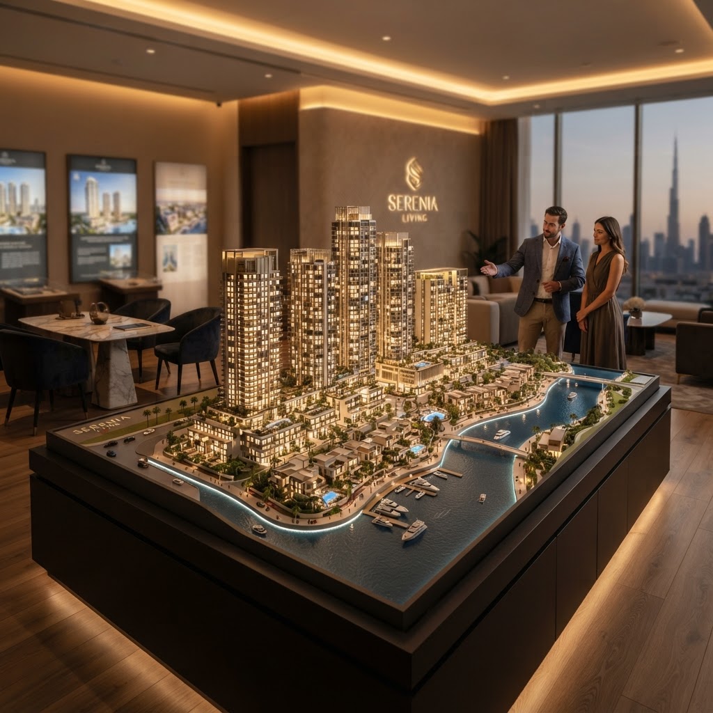 Architectural scale model of a Dubai luxury development in a showroom