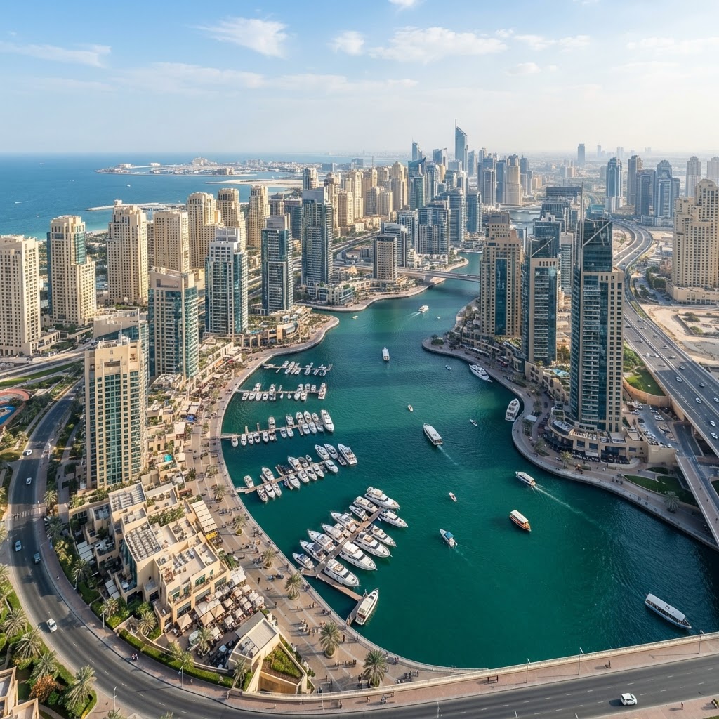 Aerial view of Dubai Marina with luxury residential towers
