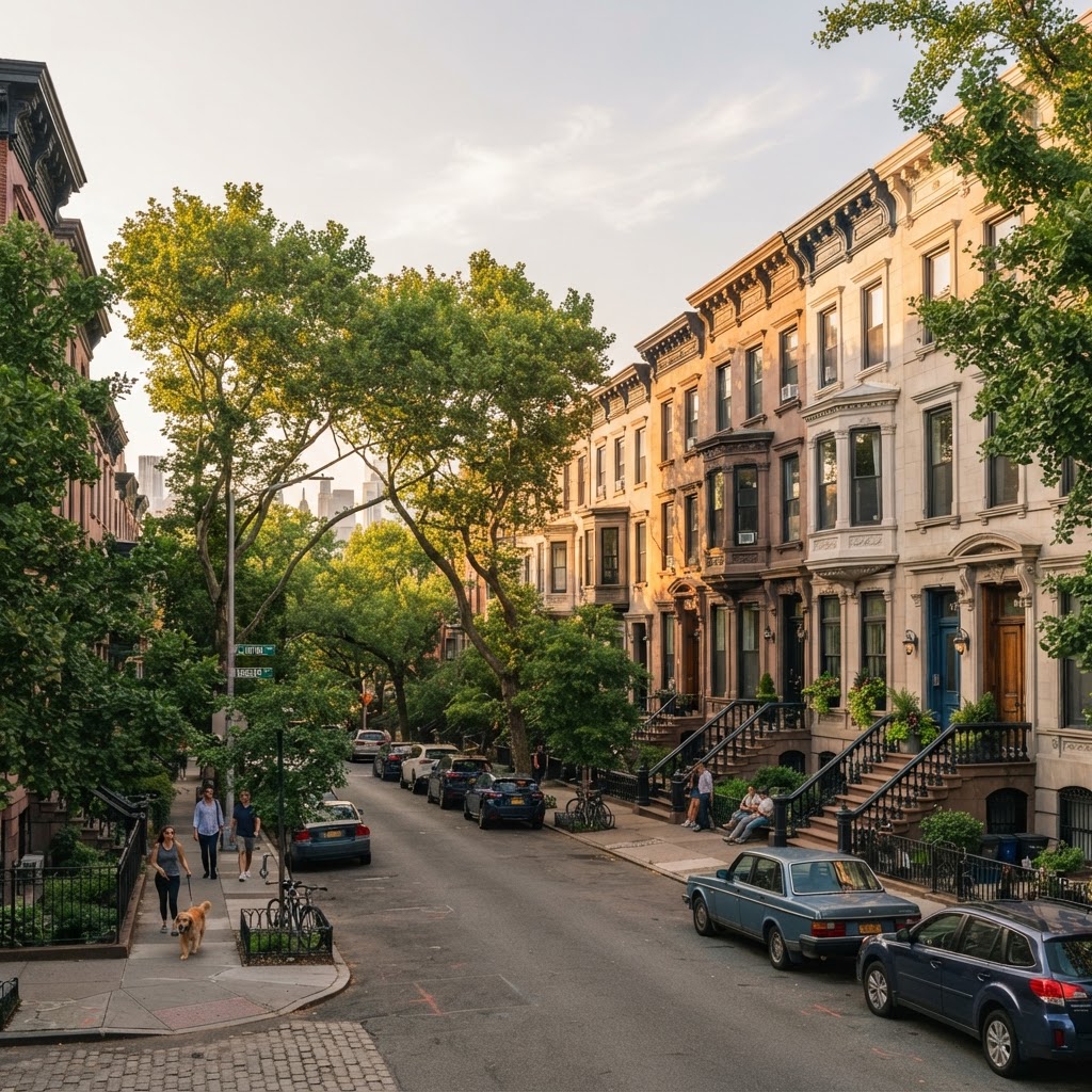 New York City brownstone residential buildings on a tree-lined street