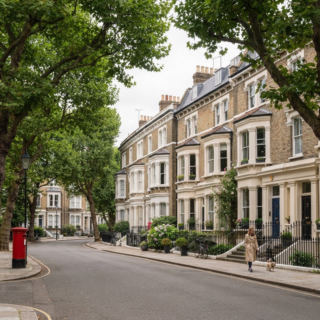 London residential street with Victorian terraced houses and trees